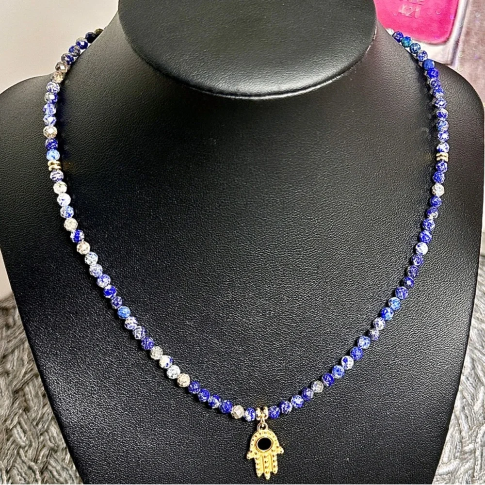 Natural Lapis Lazuli & Hamsa Hand Stainless Steel Pendant Necklace